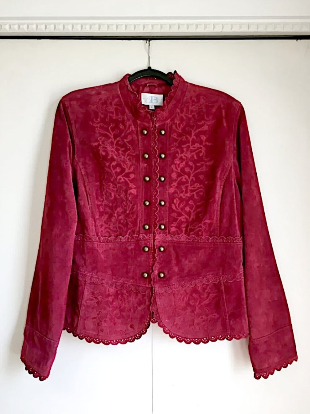 Vintage Genuine Suede Embroidered Victorian Pixie Jacket Red Maroon L XL